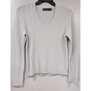 Lauren Ralph Lauren cable-knit V-neck sweater 100% Cashmere Women L Light Sage